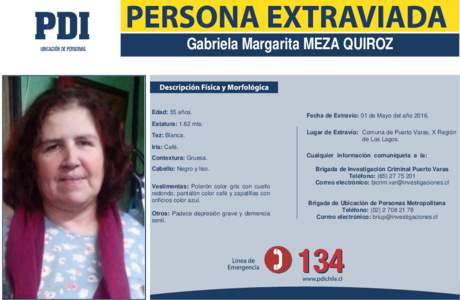 Gabriela Margarita MEZA QUIROZ  Edad: 55 años. Fecha de Extravío: 01 de Mayo del año 2016.