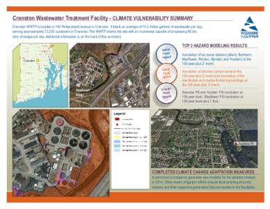 Cranston Wastewater Treatment Facility - CLIMATE VULNERABILITY SUMMARY Cranston WWTF is located at 140 Pettaconsett Avenue in Cranston. It treats an average of 13.2 million gallons of wastewater per day, serving approxim