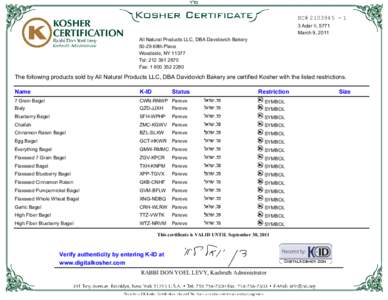 KC# Adar II, 5771 March 9, 2011 All Natural Products LLC, DBA Davidovich Bakery69th Place Woodside, NY 11377