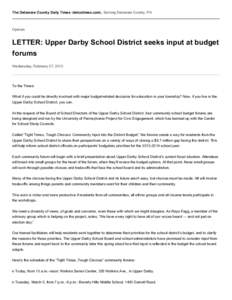 The Delaware County Daily Times (delcotimes.com), Serving Delaware County, PA  Opinion LETTER: Upper Darby School District seeks input at budget forums