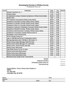 Genealogical Society of Whitley County Publications Price List Ancestor Chart Book VolPublication