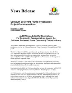 News Release Coliseum Boulevard Plume Investigation Project Communications December 12, 2008 For Immediate Release: