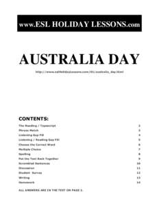 www.ESL HOLIDAY LESSONS.com  AUSTRALIA DAY http://www.eslHolidayLessons.com/01/australia_day.html  CONTENTS: