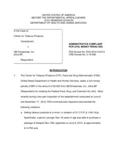Administrative Complaint For Civil Money Penalties FDA Docket No. FDA-2014-H-2312 CRD Docket No. C
