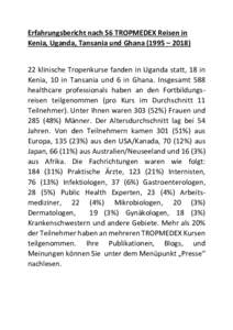 Erfahrungsbericht nach 56 TROPMEDEX Reisen in Kenia, Uganda, Tansania und Ghana (1995 – klinische Tropenkurse fanden in Uganda statt, 18 in Kenia, 10 in Tansania und 6 in Ghana. Insgesamt 588 healthcare profes