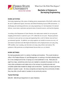 What Can I Do With This Degree? Bachelor of Science in Surveying Engineering WORK ACTIVITIES Surveying engineering is the science of making precise measurements of the Earth’s surface with
