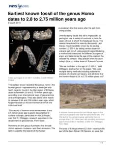 Earliest known fossil of the genus Homo dates to 2.8 to 2.75 million years ago