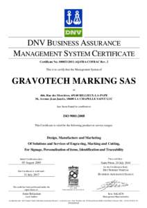 DNV BUSINESS ASSURANCE MANAGEMENT SYSTEM CERTIFICATE Certificate NoAQ-FRA-COFRAC Rev. 2 This is to certify that the Management System of  GRAVOTECH MARKING SAS