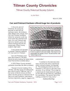Tillman County Chronicles Tillman County Historical Society Column by Joe Wynn March 9, 2009  Carr and Pritchard Hardware offered huge line of products