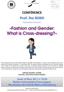 CONFÉRENCE  Prof. Iho NIIMI Ochanomizu University  «Fashion and Gender: