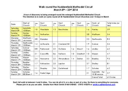 Walk round the Huddersfield Methodist Circuit March 8th – 23rd 2014 A tour of discovery is being arranged round the enlarged Huddersfield Methodist Circuit.