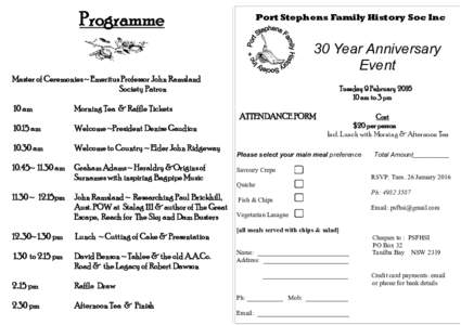 Programme  Port Stephens Family History Soc Inc 30 Year Anniversary Event