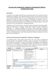 Pan-university Standards for Adoption of e-Pedagogies for Effective Teaching and Learning Introduction In response to the feedback collected from the University-wide survey of the Pan-university Standards and subsequent 