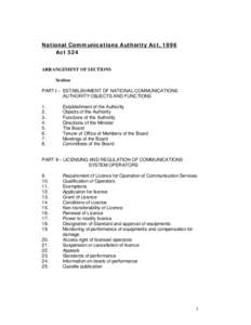 National Communications Authority Act, 1996 Act 524 ARRANGEMENT OF SECTIONS Section PART I – ESTABLISHMENT OF NATIONAL COMMUNICATIONS AUTHORITY OBJECTS AND FUNCTIONS