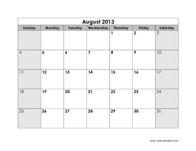August 2013 Sunday Monday  Tuesday