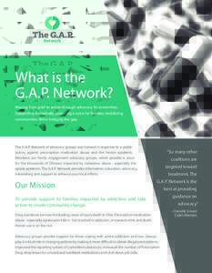 What is the G.A.P. Network? Moving from grief to action through advocacy for prevention. Supporting individuals; providing a voice for families; mobilizing communities. We’re bridging the gap.