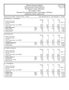 Election Summary Report Gubernatorial General Election Washington County, Maryland November 4, 2014 Summary For Jurisdiction Wide, All Counters, All Races OFFICIAL FINAL RESULTS