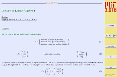 SeptLecture 6: Linear Algebra I Reading: Kreyszig Sections: 4.0, 7.1, 7.2, 7.3, 7.4, 7.5