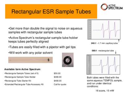 Rectangular ESR Sample Tubes •Get more than double the signal to noise on aqueous samples with rectangular sample tubes •Active Spectrum’s rectangular sample tube holder keeps tubes perfectly aligned