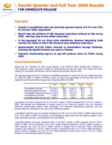 Fourth-Quarter and Full Year 2009 Results FOR IMMEDIATE RELEASE Highlights  Growth in consolidated sales and operating segment income of 9.1% and 4.2% for full-year 2009, respectively