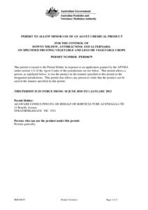 PERMIT TO ALLOW MINOR USE OF AN AGVET CHEMICAL PRODUCT FOR THE CONTROL OF DOWNY MILDEW, ANTHRACNOSE AND ALTERNARIA ON SPECIFIED FRUITING VEGETABLE AND LEGUME VEGETABLE CROPS PERMIT NUMBER –PER10679