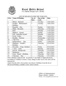Royal Public School P.O. Adalhat, Mirzapur (U.P[removed]LIST OF HOLIDAYS FOR THE YEAR 2014 S.No. Name Of Holiday No. of