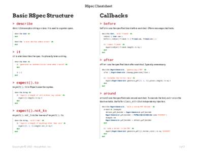 RSpec Cheatsheet  Basic RSpec Structure Callbacks