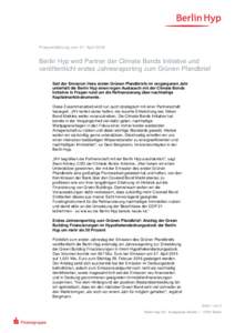 Pressemitteilung vom 27. AprilBerlin Hyp wird Partner der Climate Bonds Initiative und veröffentlicht erstes Jahresreporting zum Grünen Pfandbrief Seit der Emission ihres ersten Grünen Pfandbriefs im vergangene