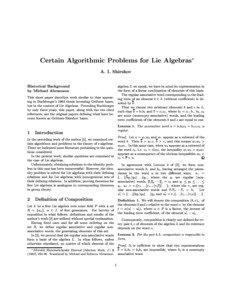 Certain Algorithmic Problems for Lie Algebras A. I. Shirshov Historical Background