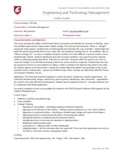 VOILAND COLLEGE OF ENGINEERING AND ARCHITECTURE  Engineering and Technology Management   COURSE SYLLABUS Course Number: E M 526