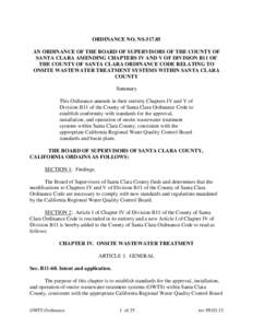 ORDINANCE NO. NSAN ORDINANCE OF THE BOARD OF SUPERVISORS OF THE COUNTY OF SANTA CLARA AMENDING CHAPTERS IV AND V OF DIVISION B11 OF THE COUNTY OF SANTA CLARA ORDINANCE CODE RELATING TO ONSITE WASTEWATER TREATMENT