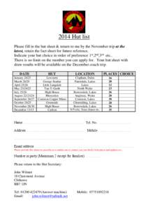 2014 Hut list Please fill in the hut sheet & return to me by the November trip at the latest, retain the fact sheet for future reference.