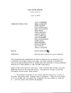 Memorandum for Bill Timmons, et al. Re: Florida Tech Commencement Address, June 5, 1973