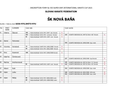 INSCROPTION FORM for XVI SUPER ENPI INTERNATIONAL KARATE CUPSLOVAK KARATE FEDERATION ŠK NOVÁ BAŇA Kumite + Kata by style GOJU-RYU,SHITO-RYU
