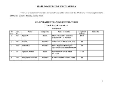 STATE CO-OPERATIVE UNION, KERALA Final List of Institutional Candidates provisionally selected for admission to the JDC Course Commencing from June 2014 at Co-operative Training Centre, Tirur. CO-OPERATIVE TRAINING CENTR