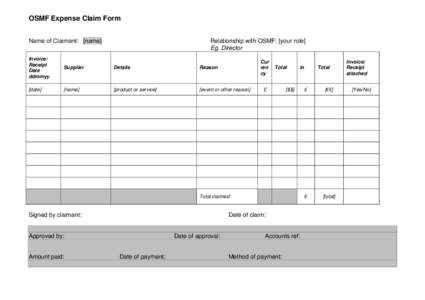 OSMF Expense Claim Form Name of Claimant: [name] Relationship with OSMF: [your role] Eg. Director