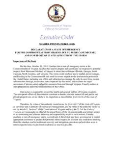 Microsoft Word - EO 23 Declaration Of A State Of Emergency For The Commonwealth Of Virginia Due To Hurricane Michael And In Sup