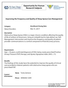 Opportunity for Human Research Subjects Improving the Frequency and Quality of Sleep Apnea Care Management  Category