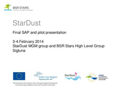 StarDust Final SAP and pilot presentation 3-4.February 2014 StarDust MGM group and BSR Stars High Level Group Sigtuna
