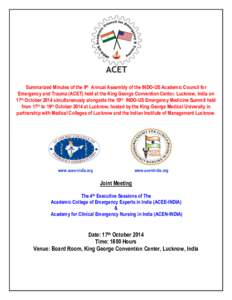 Summarized Minutes of the 9th Annual Assembly of the INDO-US Academic Council for Emergency and Trauma (ACET) held at the King George Convention Center, Lucknow, India on 17th October 2014 simultaneously alongside the 10