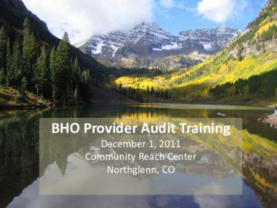 BHO Provider Audit Training December 1, 2011 Community Reach Center Northglenn, CO  1