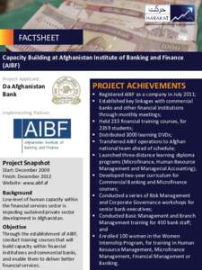 Afghanistan Investment Climate Facility Organization  FACTSHEET Capacity Building at Afghanistan Institute of Banking and Finance (AIBF) Project Applicant: