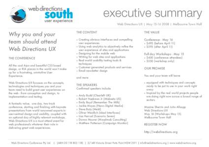 executive summary Web Directions UX | May | Melbourne Town Hall Why you and your team should attend Web Directions UX