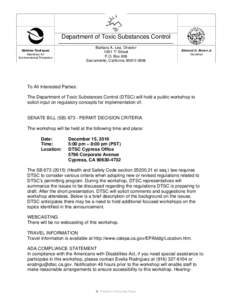 Department of Toxic Substances Control Barbara A. Lee, Director 1001 “I” Street P.O. Box 806 Sacramento, California
