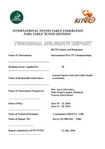 INTERNATIONAL TENNIS TABLE FEDERATION PARA TABLE TENNIS DIVISION . RITTO Junior and Romanian Name of Tournament: