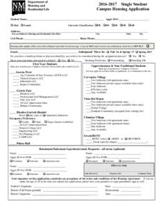 Department of Housing and Residential LifeSingle Student Campus Housing Application