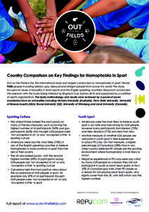 Country Comparison on Key Findings for Homophobia in Sport Out on the Fields is the first international study and largest conducted on homophobia in sport. Nearly 9500 people including lesbian, gay, bisexual and straight