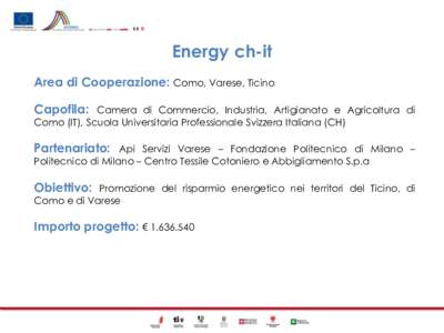 Energy ch-it Area di Cooperazione: Como, Varese, Ticino Capofila: Camera di Commercio, Industria, Artigianato e Agricoltura di Como (IT), Scuola Universitaria Professionale Svizzera Italiana (CH)