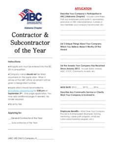 APPLICATION Describe Your Company’s Participation in ABC (Alabama Chapter) - Include committees that your employees participate in, sponsorships, promotion of ABC internal/external, number of new members your company h