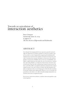 Towards an articulation of  interaction aesthetics Jonas Löwgren manuscript, June 16, 2009 to appear in